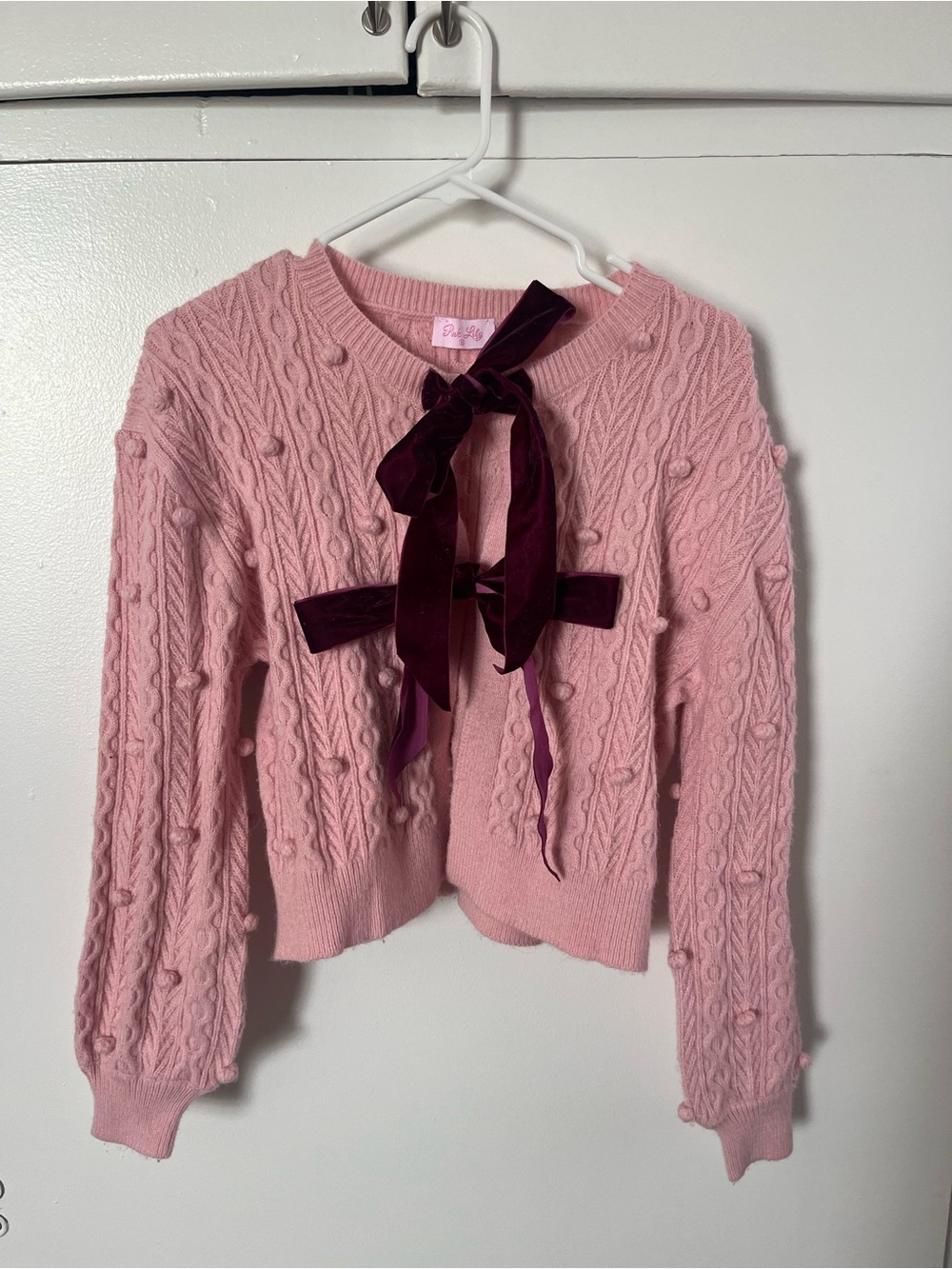 Pink Lily Pink Cable-Knit Ribbon Tie Sweater Cardigan